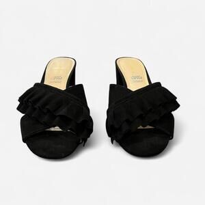 Black Suede Ruffle Mule Heels